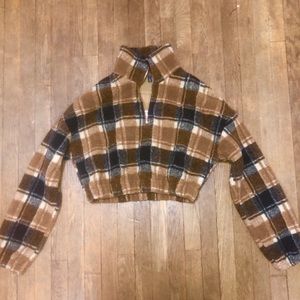 Cropped Plaid Half Zip Sherpa